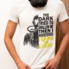 The Dark Diving T-Shirt featuring a diver’s silhouette in shadows and light, with the empowering quote 'The dark tried to swallow me, then I whispered I bring the light,' perfect for brave explorers and diving enthusiasts