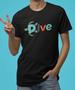 Dive Turtle Diving T-Shirt featuring a turtle design flowing into the letter 'D' and a scuba tank on the 'I,' symbolizing ocean exploration and marine life.