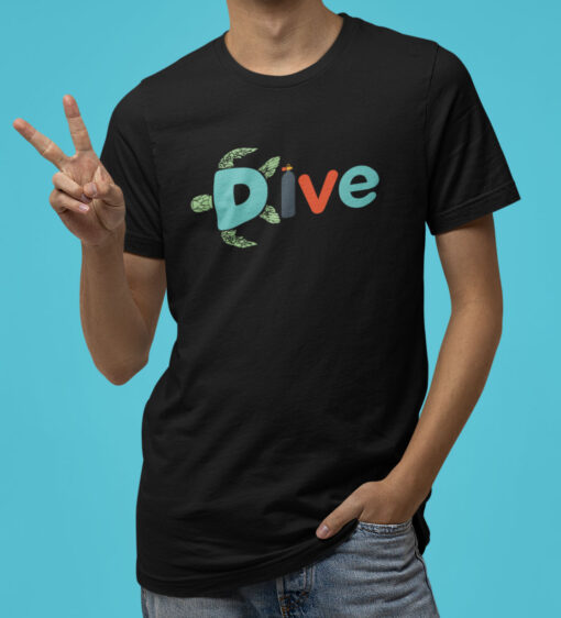Dive Turtle Diving T-Shirt featuring a turtle design flowing into the letter 'D' and a scuba tank on the 'I,' symbolizing ocean exploration and marine life.