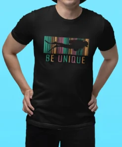 Black scuba diving t-shirt with colorful barcode diver design and BE UNIQUE text