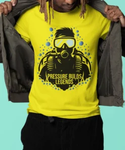 Pressure Builds Legends Diving T-Shirt featuring a bold diver silhouette surrounded by bubbles, symbolizing strength and resilience under pressure, perfect for fearless diving enthusiasts.