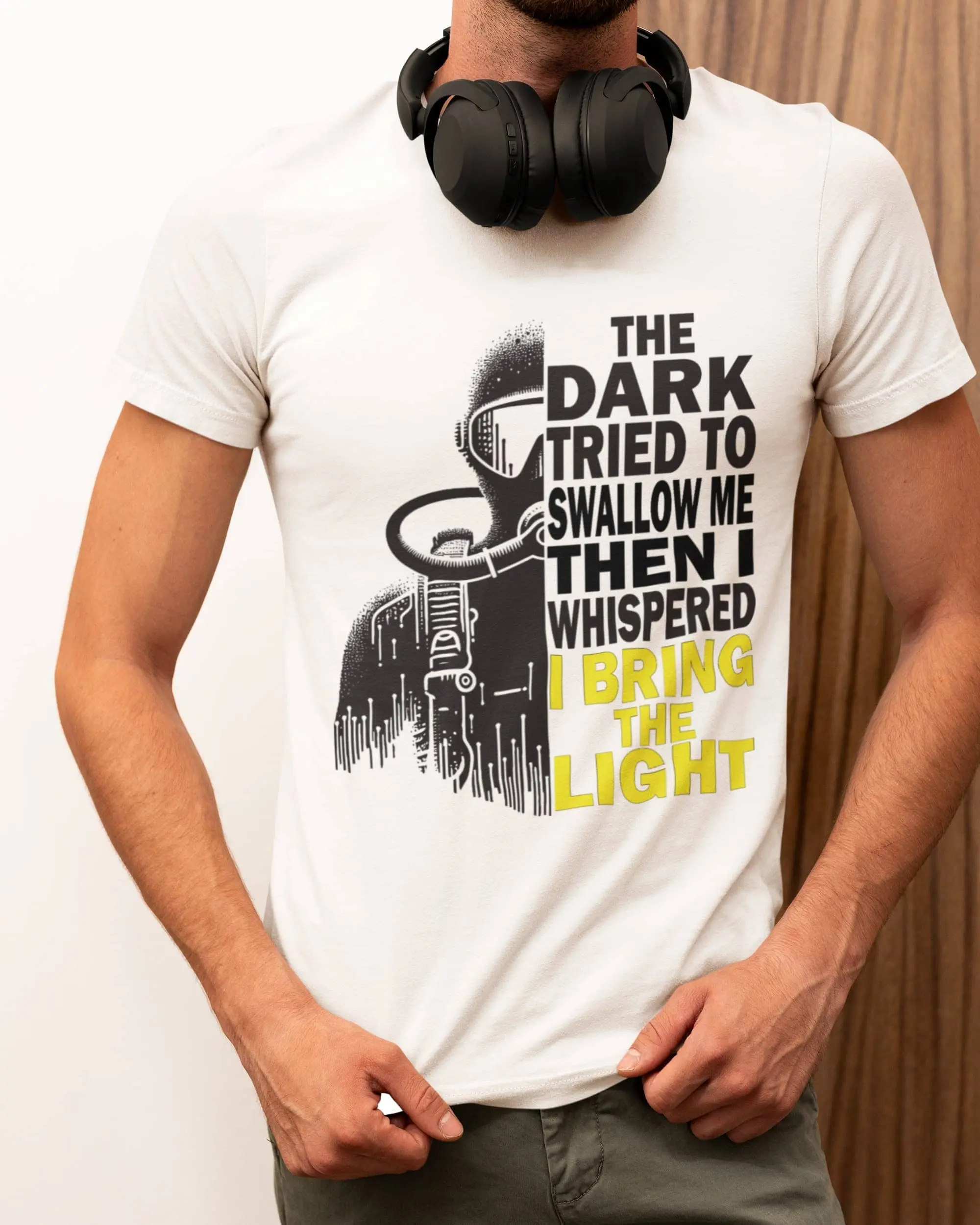 The Dark Scuba Diving T-Shirt featuring a diver silhouette in shadow and light. Premium scuba diving apparel with inspirational ocean quote for enthusiasts.