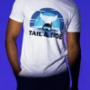 Tide & Tales Diving TShirt with blue whale tail and snorkel mask design on ocean wave background