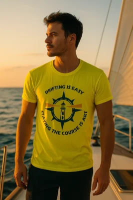 A man standing on sailing boat, wearing a bright yellow t-shirt with a nautical-themed design. The shirt features a navy blue compass with a lighthouse in the center and a yellow ribbon crossing it. The text around the compass reads, "DRIFTING IS EASY" on top and "STAYING THE COURSE IS ART" on the bottom