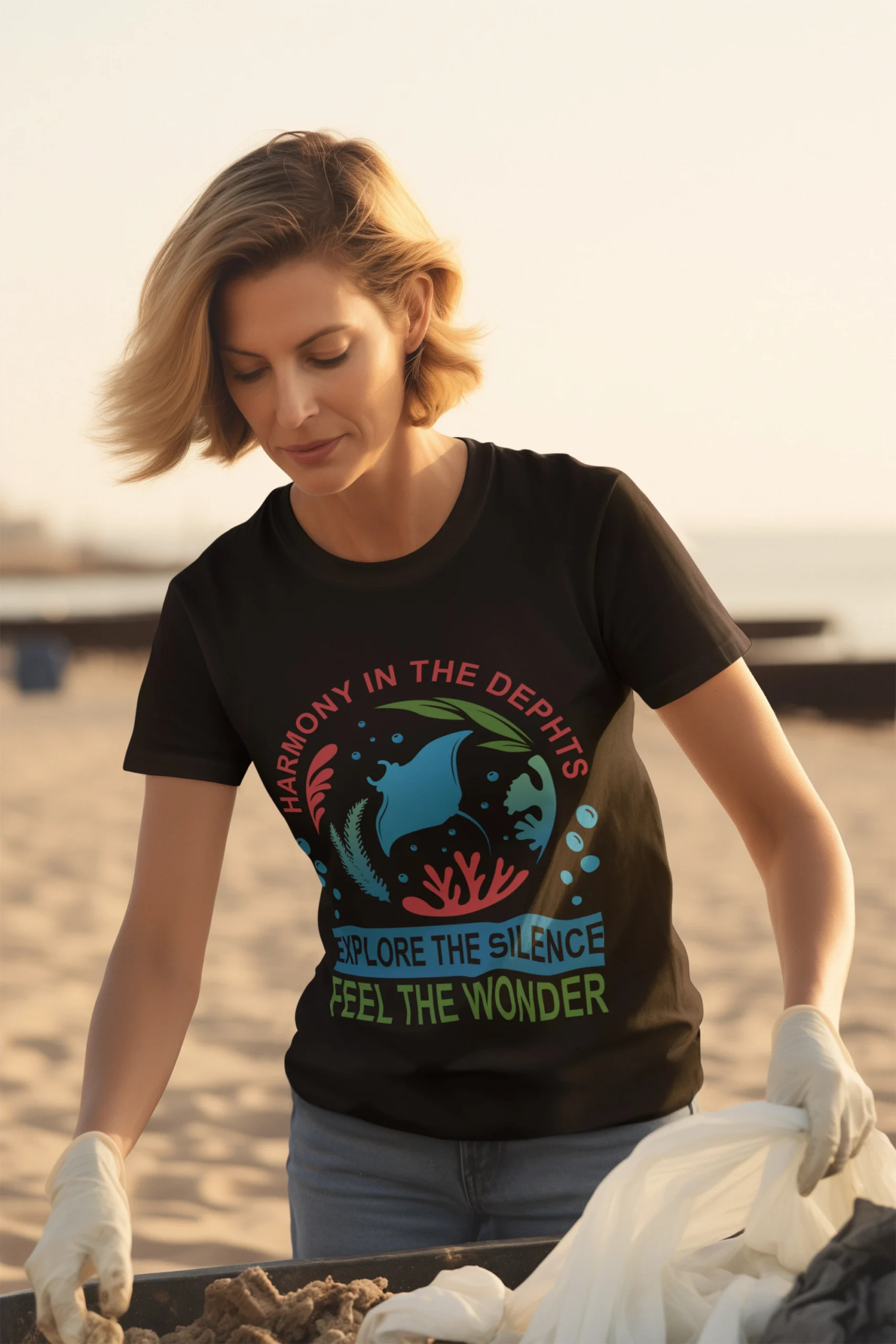 Woman on a sandy beach wearing a black “Harmony in the Depths” diving t-shirt with manta ray and coral design