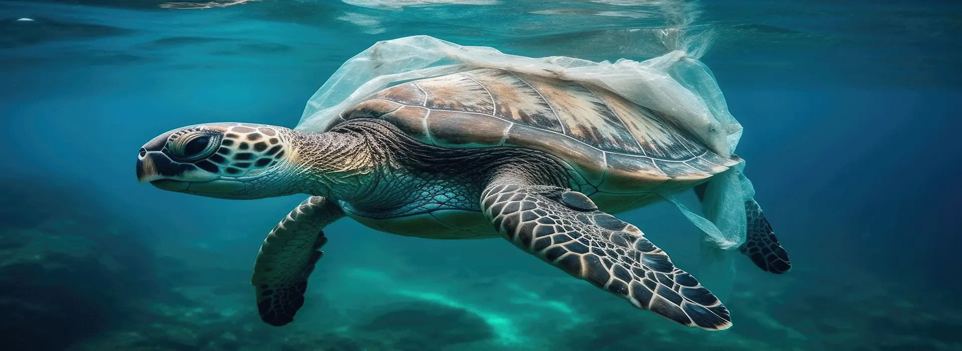 Sea turtle underwater caught in a plastic bag with the slogan Keep the Sea Plastic Free – Sea Sportees ocean conservation banner