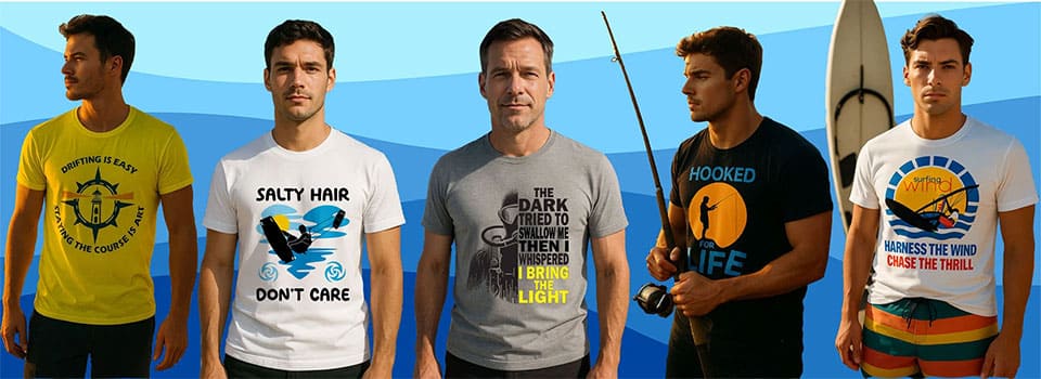 Men wearing Sea Sportees ocean sports printed t-shirts for surfing, kitesurfing, diving, fishing, windsurfing and sailing