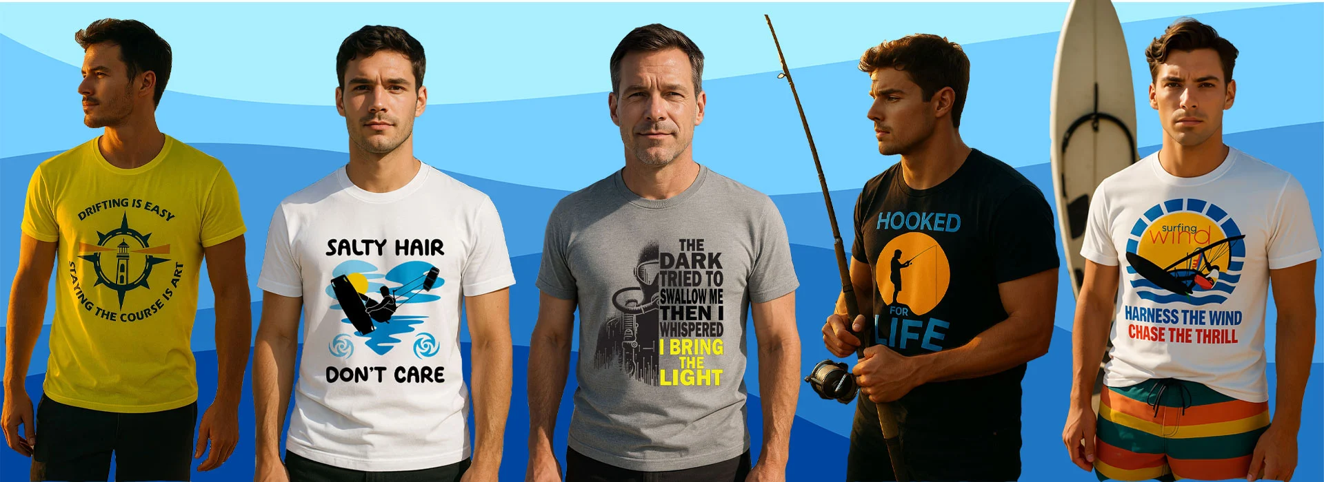 Men wearing Sea Sportees ocean sports printed t-shirts for surfing, kitesurfing, diving, fishing, windsurfing and sailing