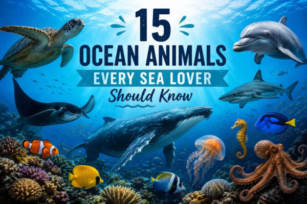 5 Ocean Animals Every Sea Lover Should Know" featuring a vibrant coral reef filled with marine life including a whale, dolphin, shark, and sea turtle.