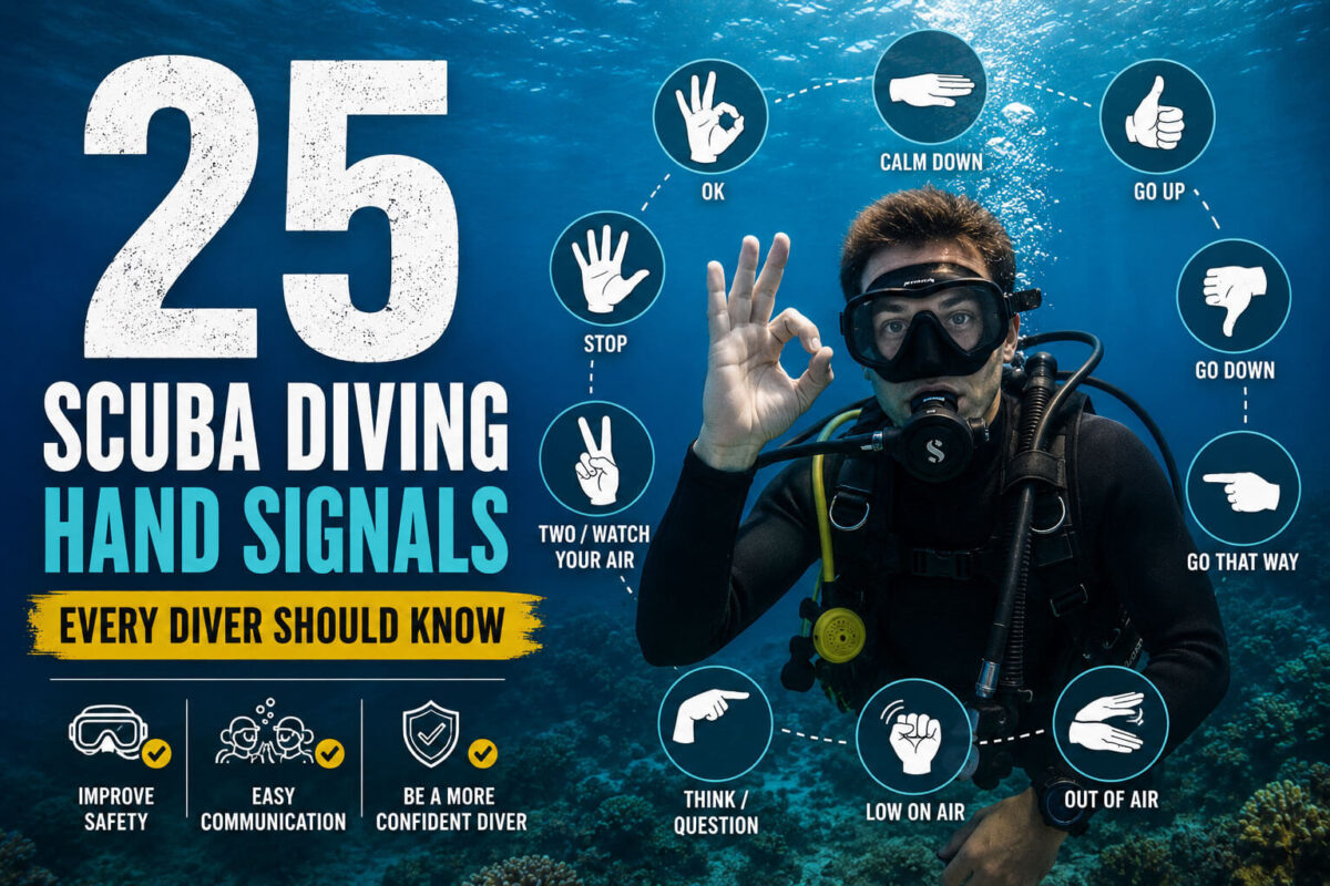 Scuba diver demonstrating essential scuba diving hand signals underwater in a beginner's guide featuring 25 common dive communication signals for safe diving.