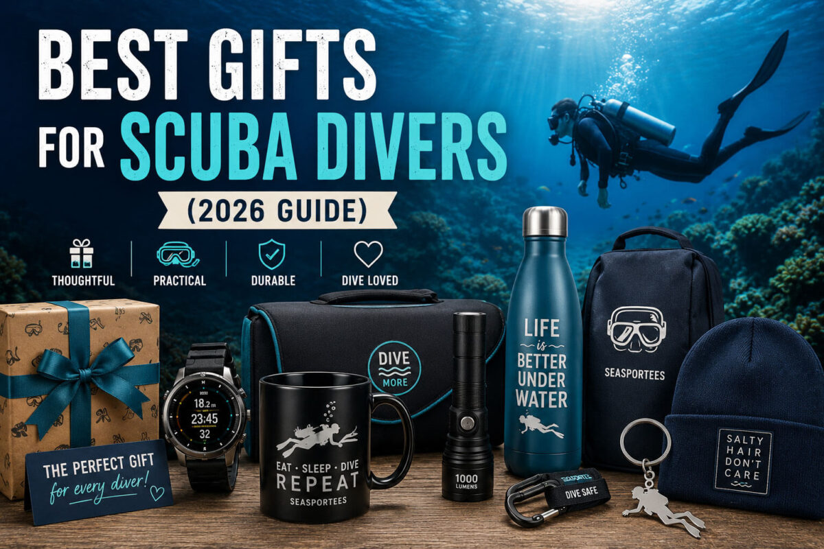 Best gifts for scuba divers featuring dive-inspired gear and accessories with a scuba diver underwater in a 2026 scuba diving gift guide.