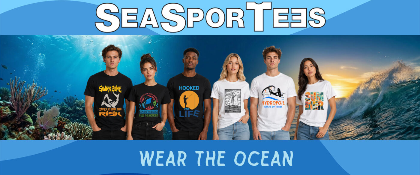 Models wearing ocean lifestyle apparel and marine graphic tees inspired by diving, surfing, and coastal life