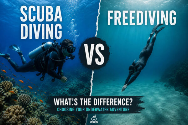 Scuba diving vs freediving comparison showing a scuba diver with full diving gear and a freediver underwater, illustrating the key differences between the two diving styles.