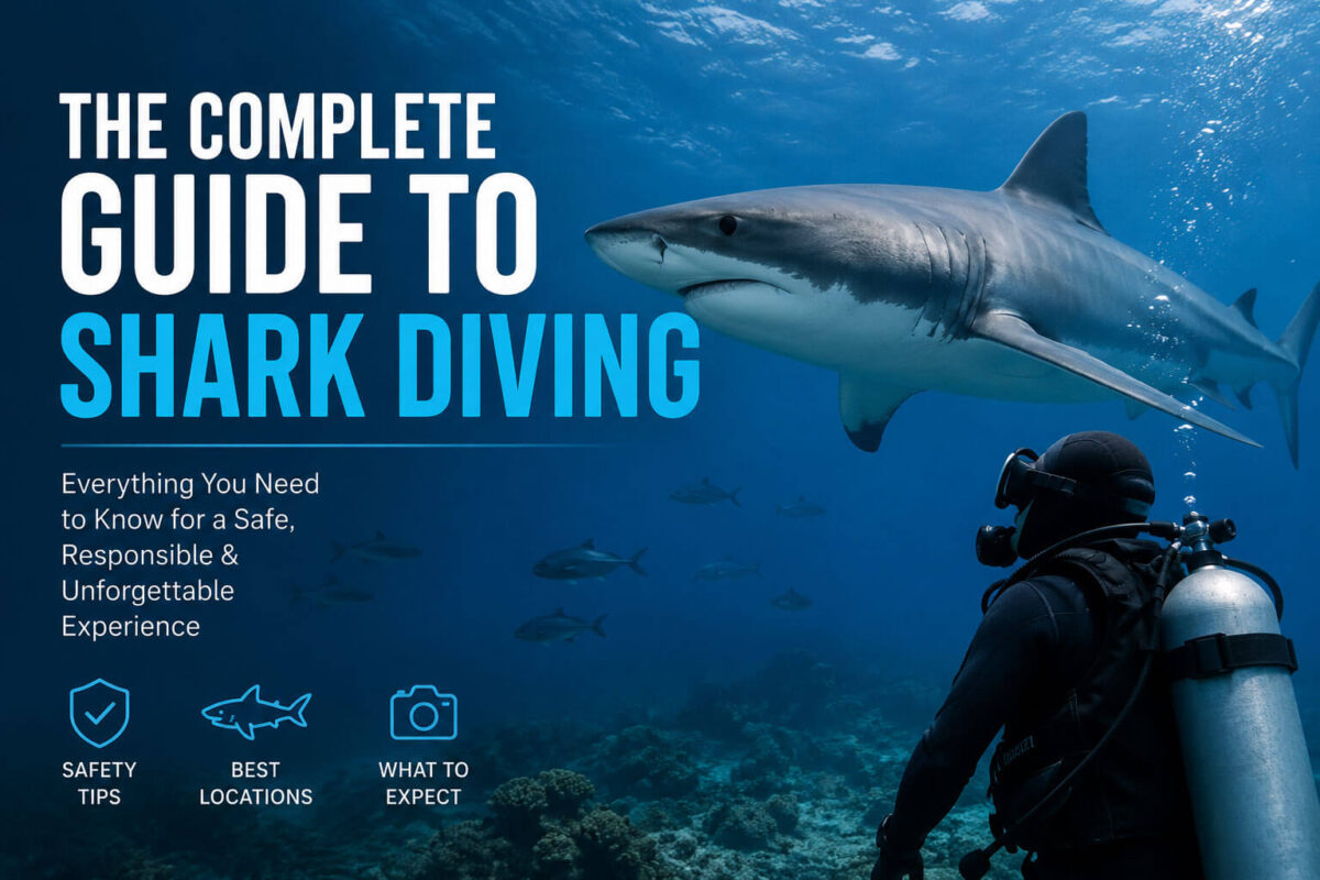 The Complete Guide to Shark Diving" featuring a scuba diver watching a large shark swim by in deep blue water.