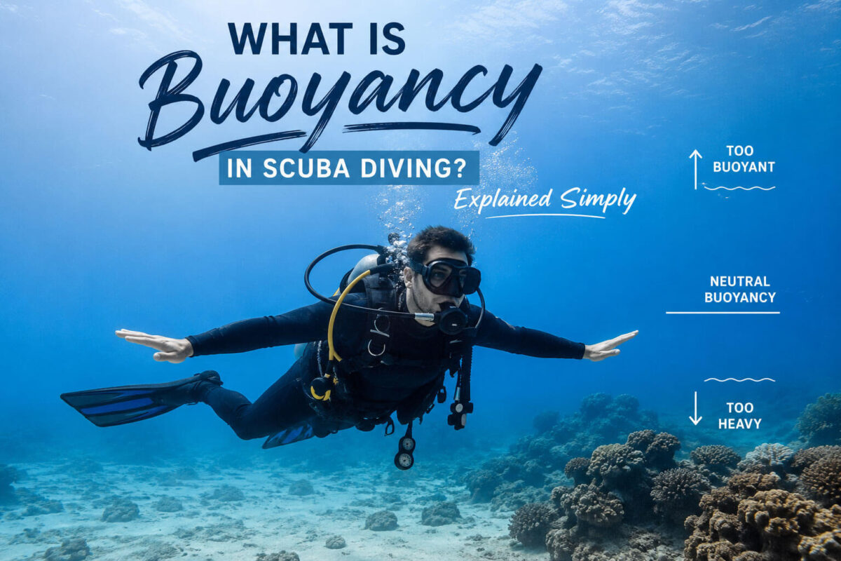 Scuba diver demonstrating neutral buoyancy underwater above a coral reef, illustrating what buoyancy in scuba diving means for beginner divers.