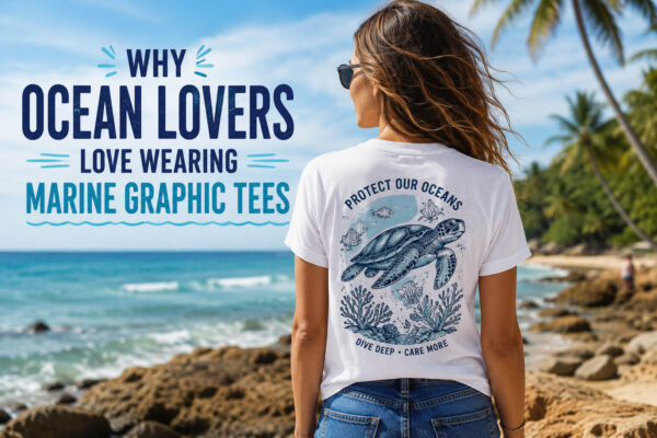 Why Ocean Lovers Love Wearing Marine Graphic Tees – ocean enthusiast wearing a marine-themed graphic T-shirt on a sunny beach with turquoise water, celebrating coastal lifestyle, marine conservation, and a passion for the sea.