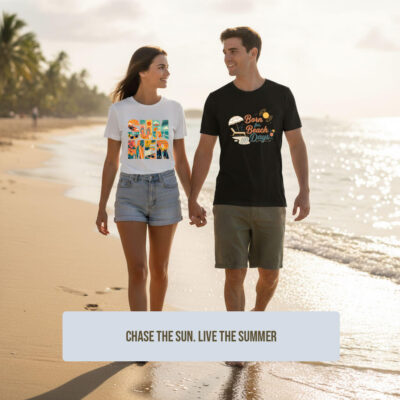 SEASPORTEES premium beach and summer vibes graphic t-shirts collection on a sunny shoreline