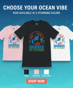 Seasportees product banner comparing the black blush pink and classic white variations of the harmony in the depths marine life tee