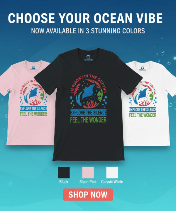 Seasportees product banner comparing the black blush pink and classic white variations of the harmony in the depths marine life tee