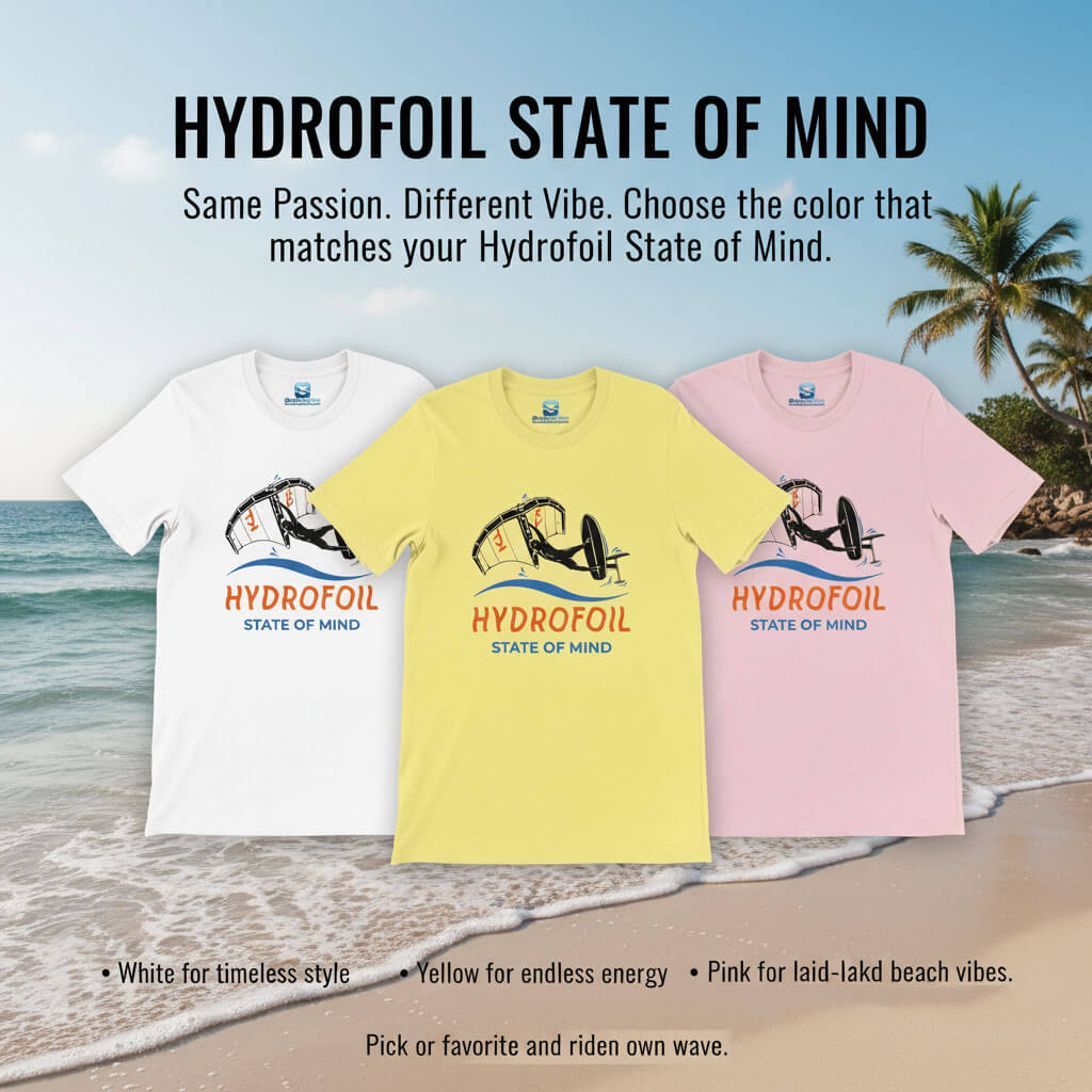 Seasportees product graphic comparing the white yellow and pink color variations of the hydrofoil state of mind watersports shirt