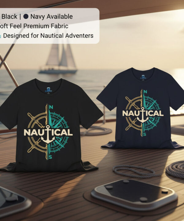 Black and navy variants of the Nautical Compass Anchor premium maritime shirt displayed on a sailboat deck