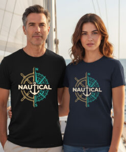 Vintage Nautical Compass Anchor T-Shirt worn on a sailboat deck