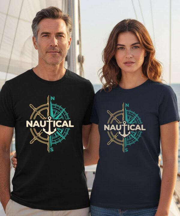 Vintage Nautical Compass Anchor T-Shirt worn on a sailboat deck