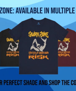 Premium Shark Zone Scuba Diving T-Shirt displayed in black, navy blue, and maroon color options.