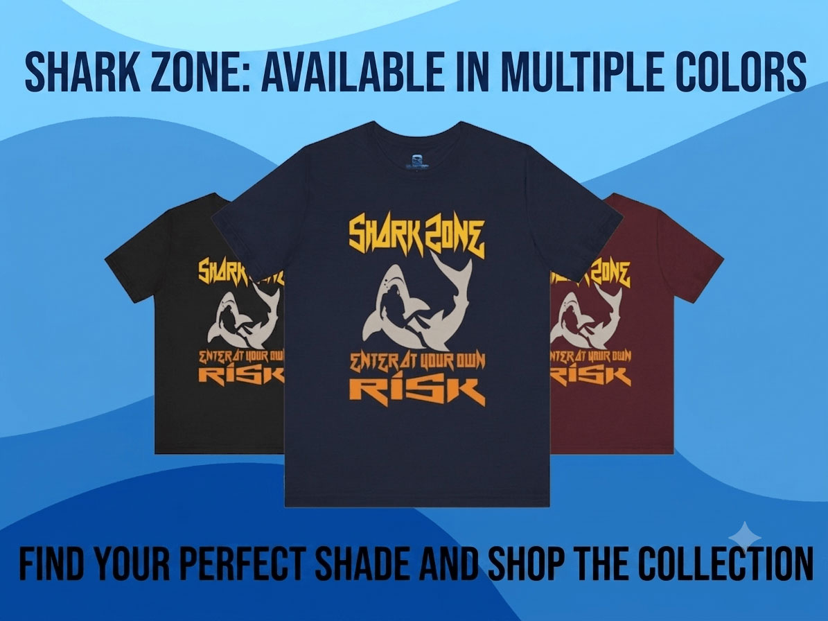 Premium Shark Zone Scuba Diving T-Shirt displayed in black, navy blue, and maroon color options.