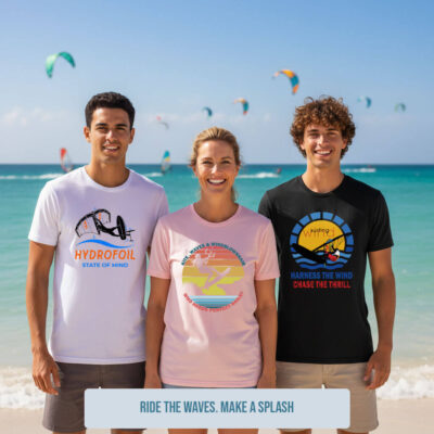 SEASPORTEES surf and wind sports graphic t-shirts collection on a windy beach