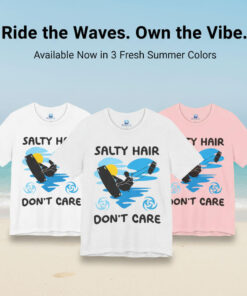 Three color variants of the Salty Hair Don't Care kitesurfing t-shirt in white, heather gray, and light pink, displayed side-by-side on a sunny beach background.