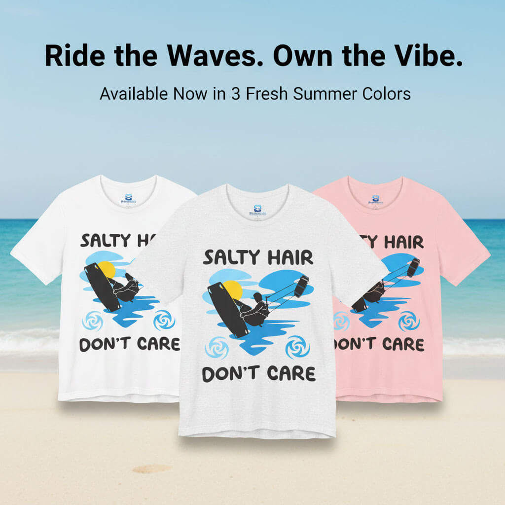 Three color variants of the Salty Hair Don't Care kitesurfing t-shirt in white, heather gray, and light pink, displayed side-by-side on a sunny beach background.