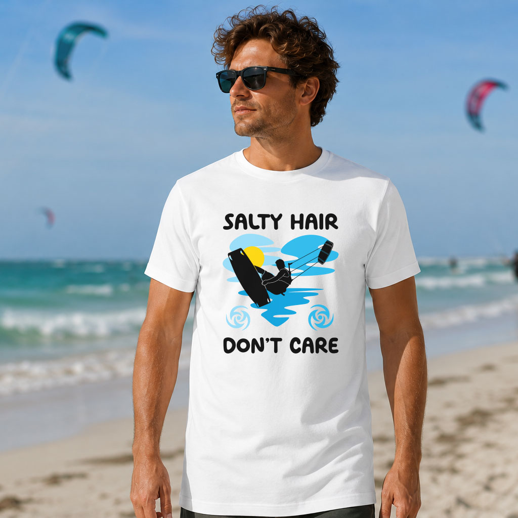 Kitesurfing Graphic Tee worn by a man standing on a sandy beach. The white shirt features a "Salty Hair Don't Care" graphic silhouette of a kiteboarder catching air against a blue heart-shaped wave and a yellow sun, with the ocean and kitesurfers visible in the background.