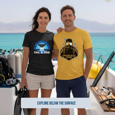SEASPORTEES premium scuba and free diving graphic t-shirts collection on a dive boat