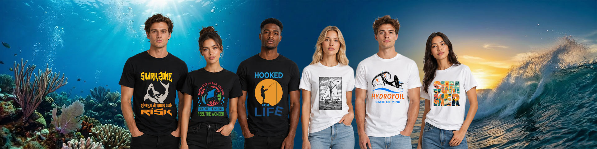 Seasportees ocean lifestyle apparel hero banner showcasing models wearing custom t-shirts with shark, diving, and surfing designs over a coral reef and ocean wave background.