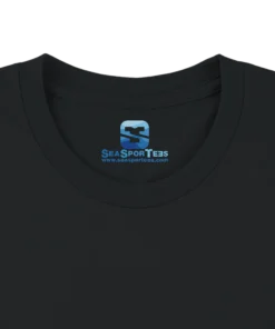 Custom printed tagless inside neck label on a premium black t-shirt collar by Seasportees