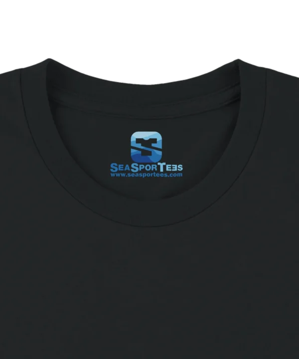 Custom printed tagless inside neck label on a premium black t-shirt collar by Seasportees