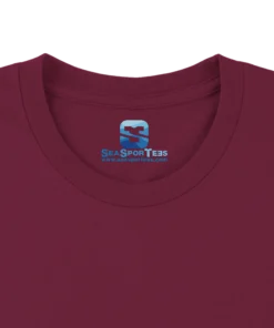 Custom printed tagless inside neck label on a premium maroon t-shirt collar by Seasportees
