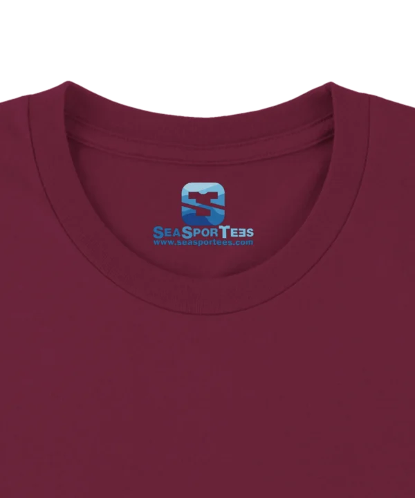 Custom printed tagless inside neck label on a premium maroon t-shirt collar by Seasportees