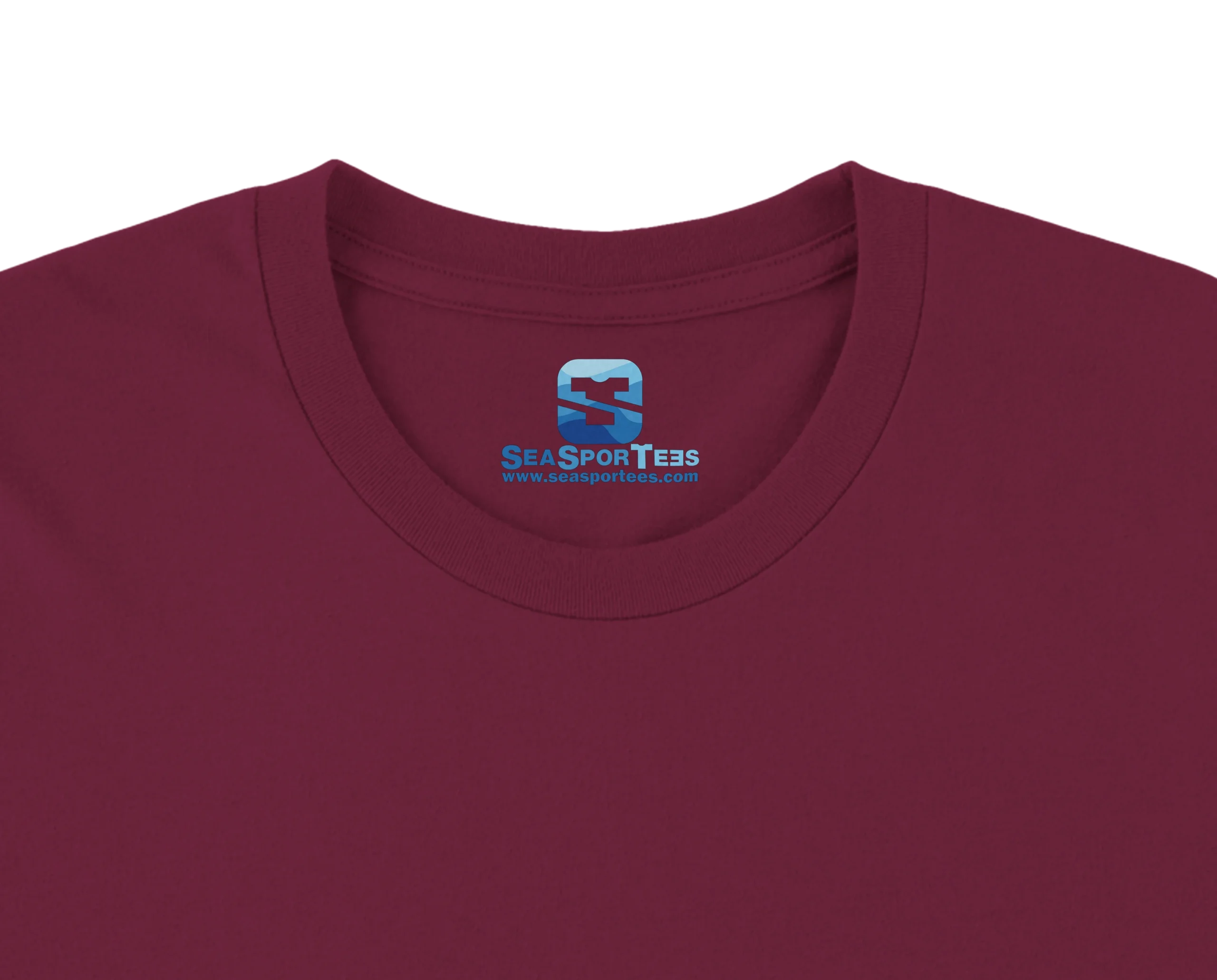 Custom printed tagless inside neck label on a premium maroon t-shirt collar by Seasportees