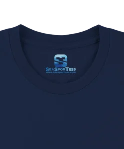 Custom printed tagless inside neck label on a premium navy blue t-shirt collar by Seasportees