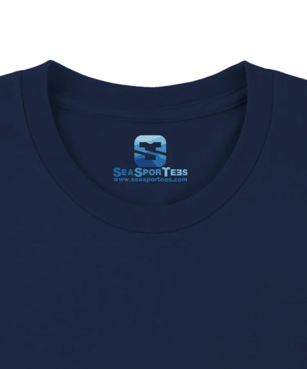 Custom printed tagless inside neck label on a premium navy blue t-shirt collar by Seasportees