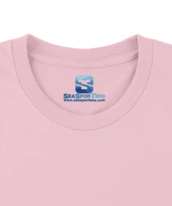 Custom printed tagless inside neck label on a premium light pink t-shirt collar by Seasportees