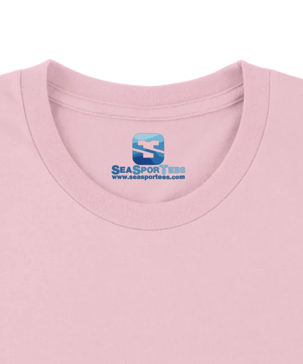 Custom printed tagless inside neck label on a premium light pink t-shirt collar by Seasportees