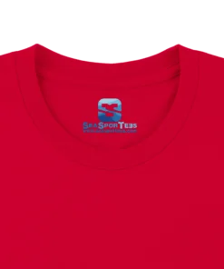 Custom printed tagless inside neck label on a premium bold red t-shirt collar by Seasportees
