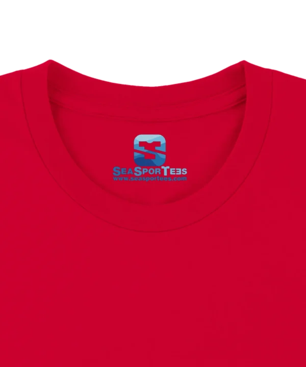 Custom printed tagless inside neck label on a premium bold red t-shirt collar by Seasportees