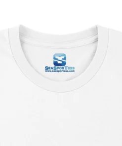 Custom printed tagless inside neck label on a premium white t-shirt collar by Seasportees