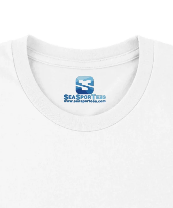 Custom printed tagless inside neck label on a premium white t-shirt collar by Seasportees