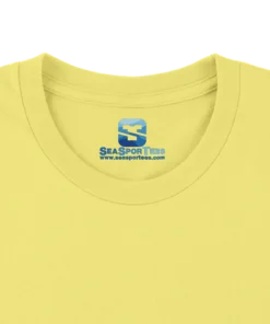 Custom printed tagless inside neck label on a premium pastel yellow t-shirt collar by Seasportees
