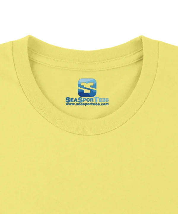 Custom printed tagless inside neck label on a premium pastel yellow t-shirt collar by Seasportees